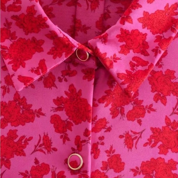 COPY - Zara fuchsia and red floral satin effect button up long sleeve blouse - … - Picture 3 of 7